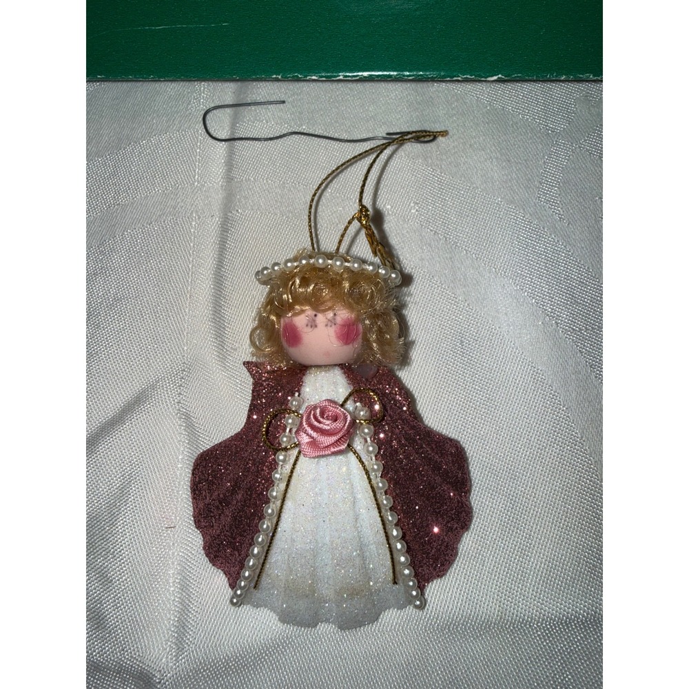 Christy's Christmas Shell Angel Ornament Myrtle Beach Pink Glitter Pearl Halo